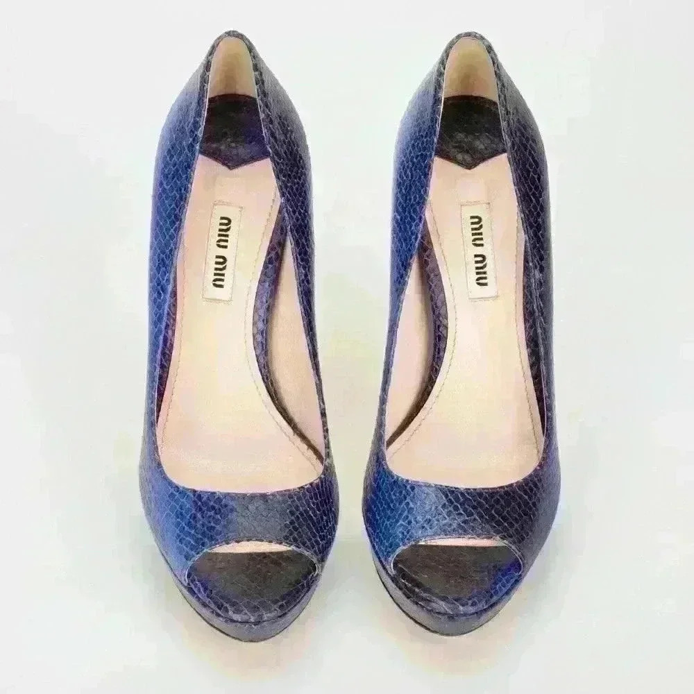 Miu Miu Blue Python Embossed Leather Peep Toe Pla… - image 5